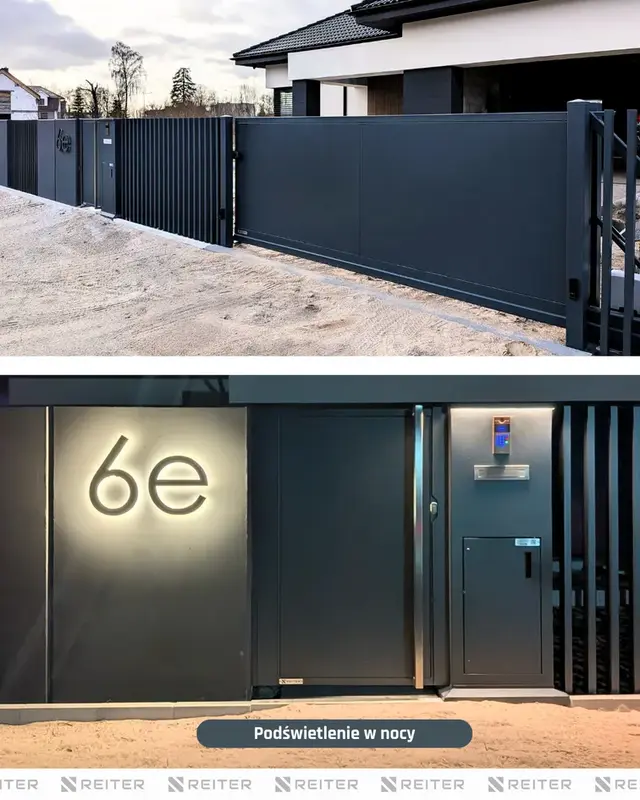 34 lebork ogrodzenie nowoczesne ze slupkiem multimedialnym brama przesuwna